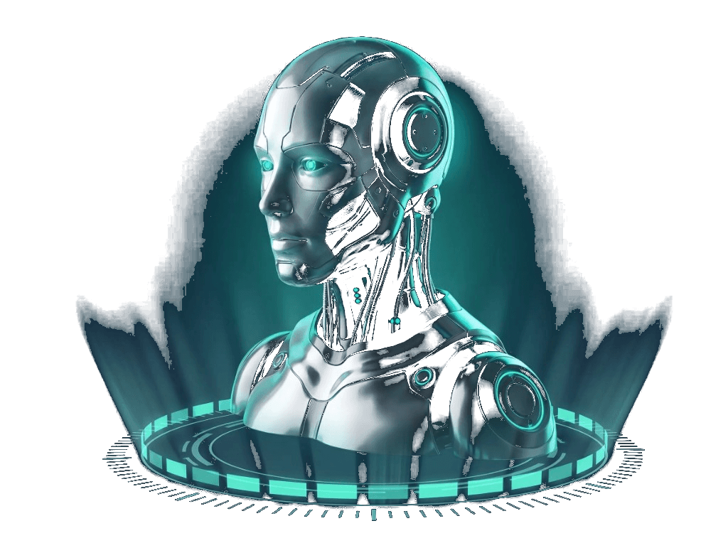 Chrome humanoid AI employee with glowing teal eyes on a holographic pedestal
